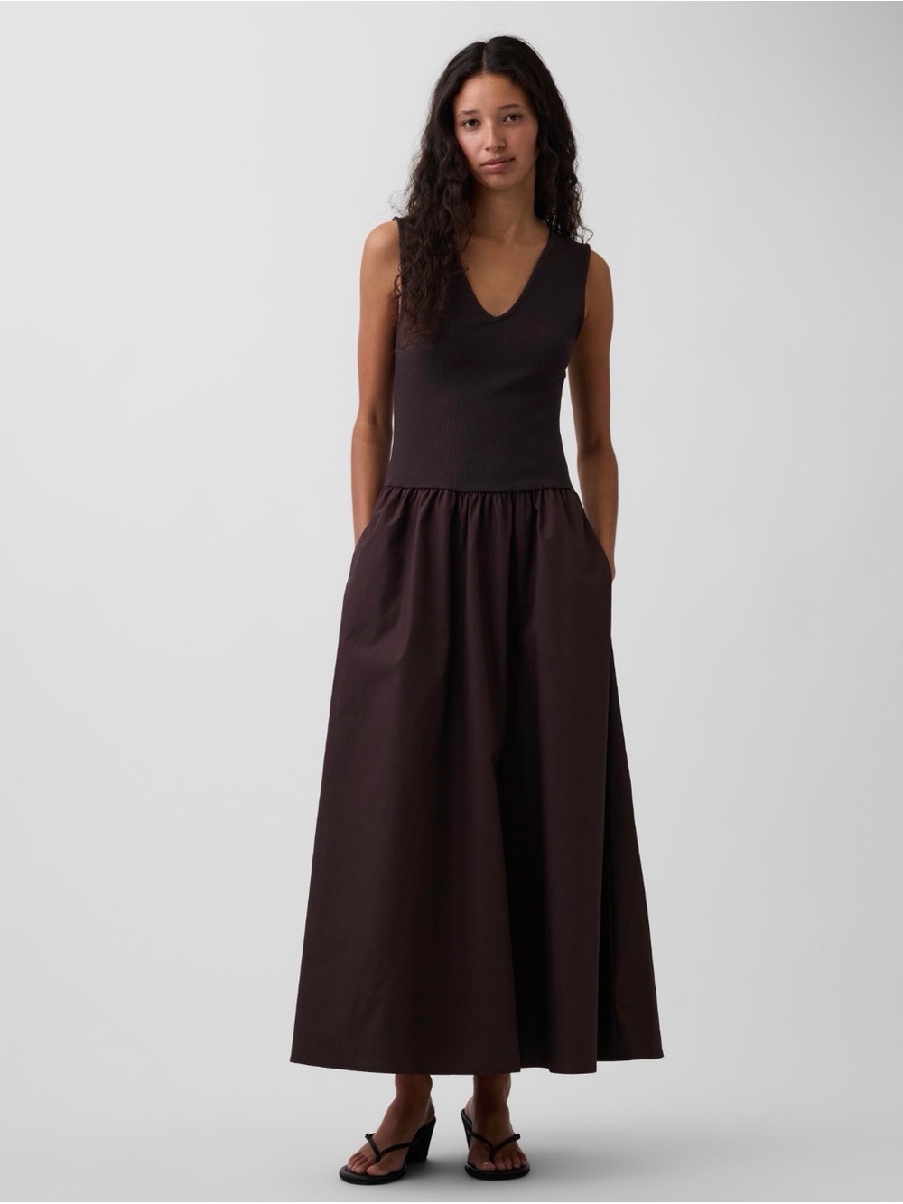 Sleeveless V-Neck Maxi Skirt Dress in Dark Brown - mixed media drop waist maxi